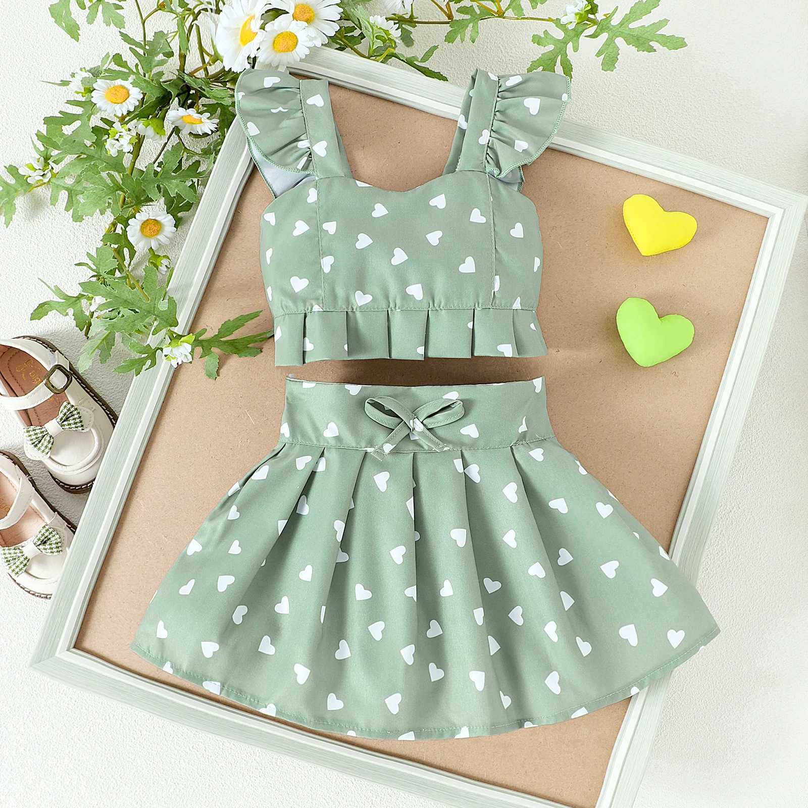 2PCS Summer New Sled Girl 1-4 Years Old Comfortable and Cute Cherry Love Pattern Top+Sprint SetXJ250410