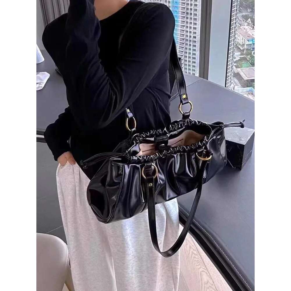 Elegant Women Underarm Pleated Hasp Hobos Office Ladies Work Shoulder Bag Vintage Cow Split Leather Bags New Totes Handbag