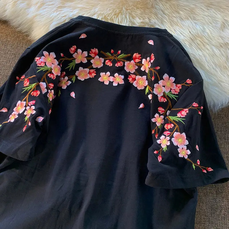 Aesthetic Japan Style Cherry Blossoms Embroidery T Shirts Sexy Women Girls Cotton Summer Tee Tops O-neck Loose Casual Harajuku 250410