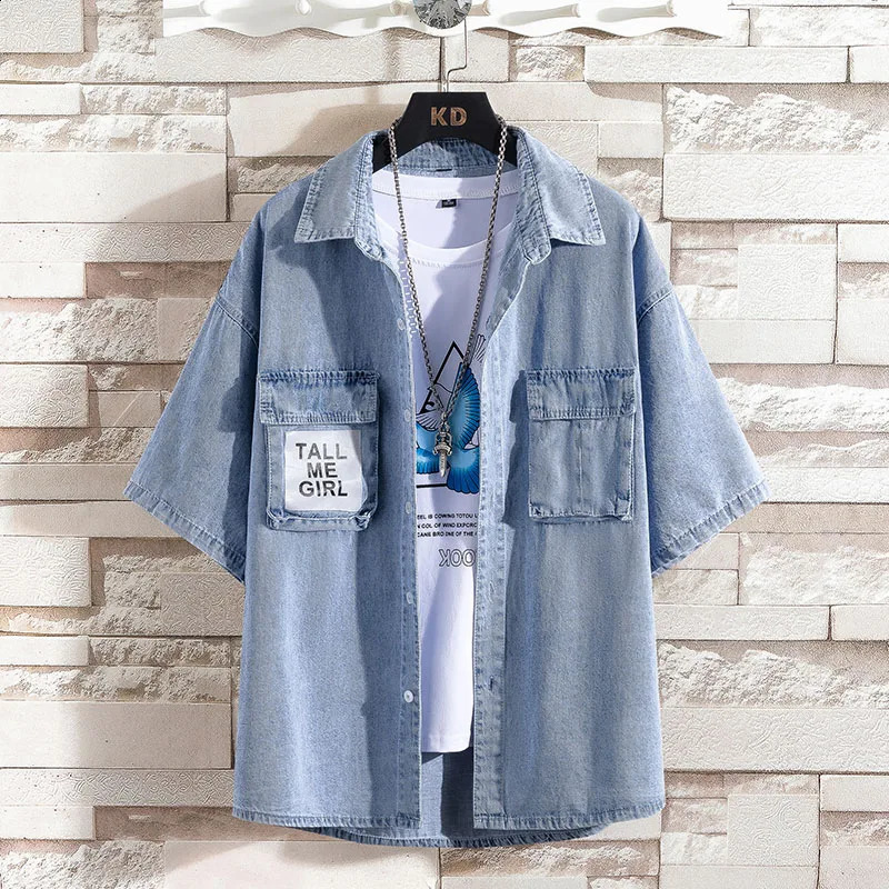 summer mens blue denim short sleeved shirt highquality cotton light plus size M4XL 250411