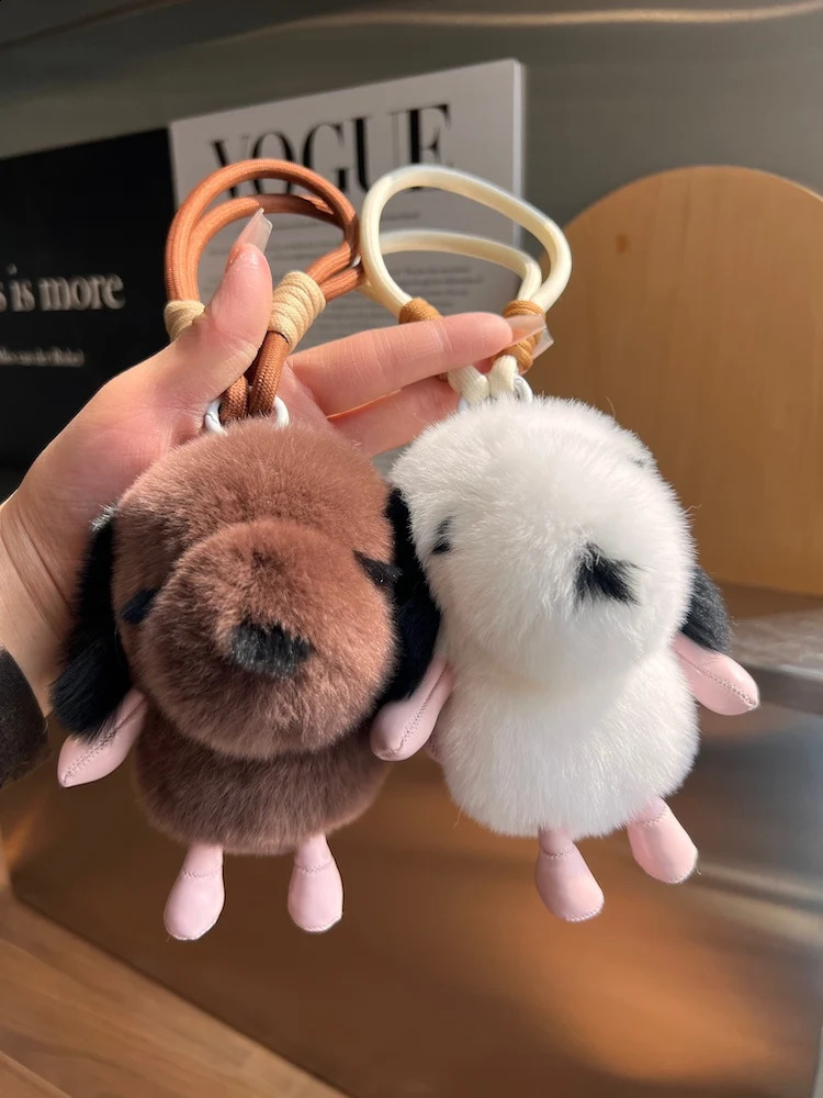 Rael Rex rabbit fur dog pendant keychain cute plush toy for women childrens bag charming car keyring decoration pavilion birthday gift 250409