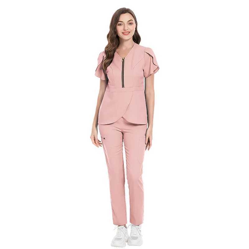 fashion frosted suit hospital uniform set solid color hospital surgical suit pocket V-neck female jogger frosted suit set X250410