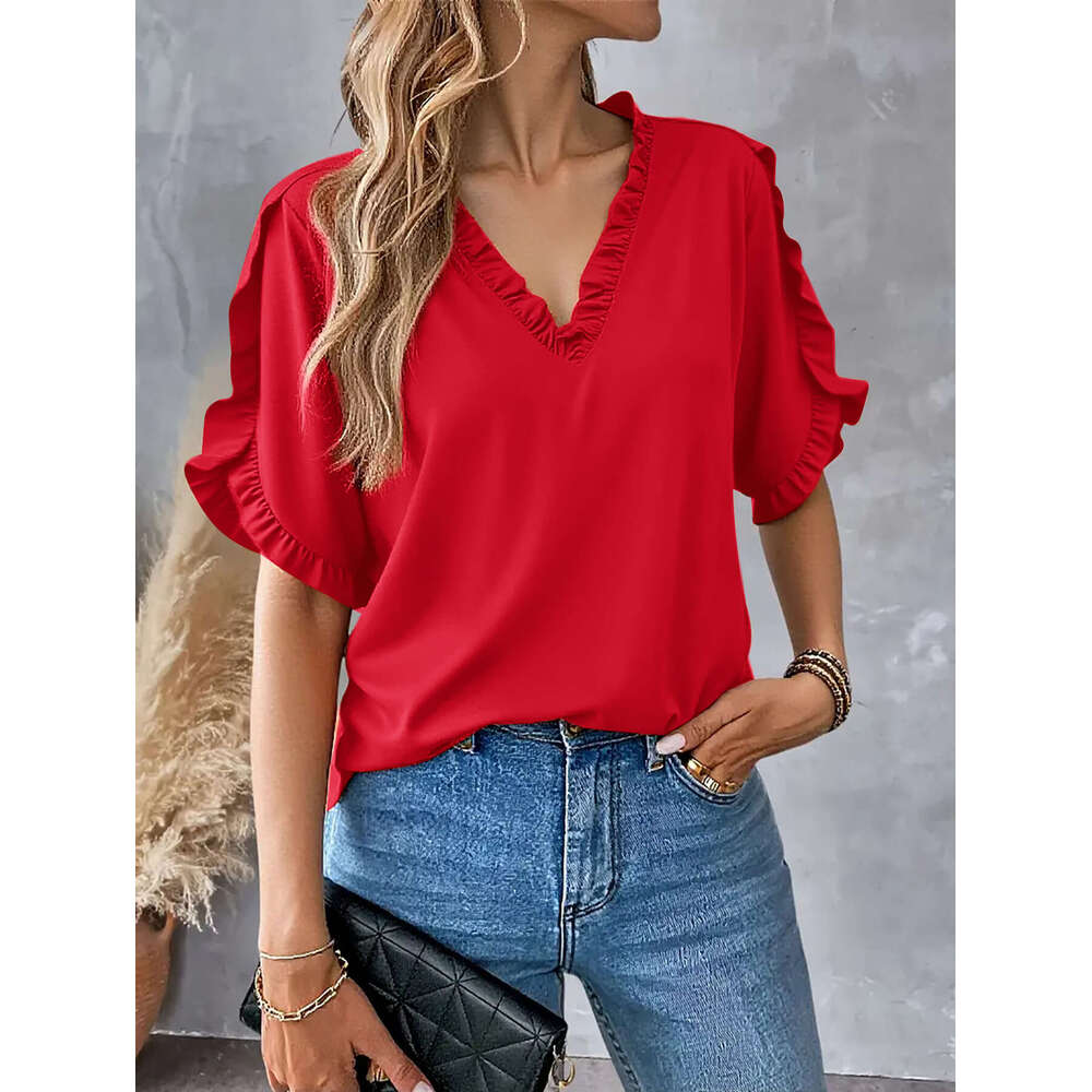 2025 Independent Station Wish Amazon Hot Item Summer Simple Solid Color Short Sleeve Ruffle V-Neck Shirt Top For Women a63b
