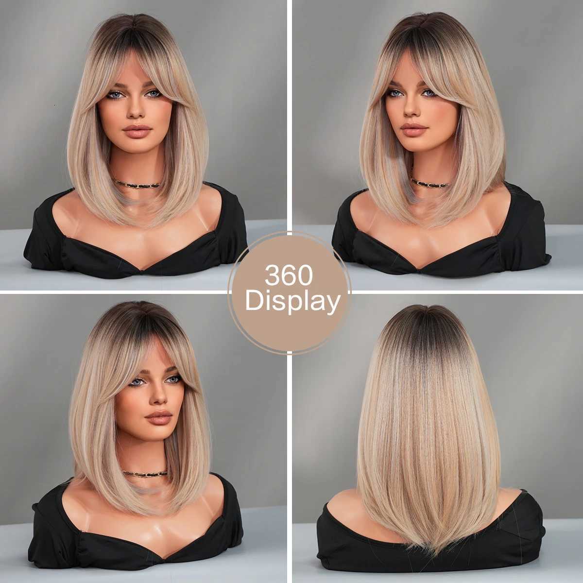 NAMM Short Straight Brown Wigs With Bangs High Density Synthetic Layered Hair Wigs With Dark Roots High Quality Heat resistantT251111