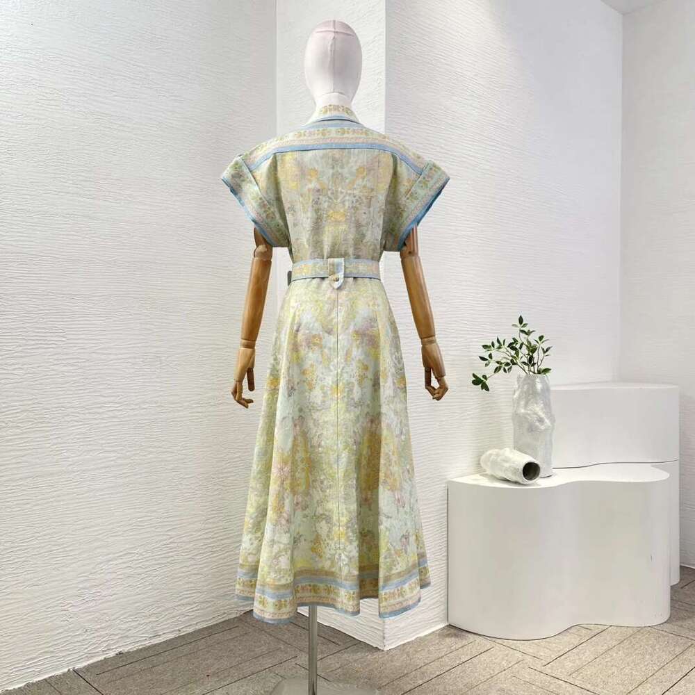 Pure En New High Quality Light Green Ral Print Short Sleeve Women Belted Holiday Mini Dress
