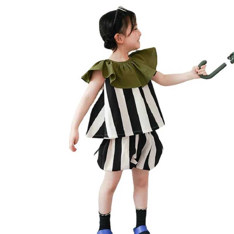 Summer fashion baby girl pleated collar sleeveless lace T-shirt top+shorts set childrens 2-piece set clothing for 2-8 yearsXJ250410