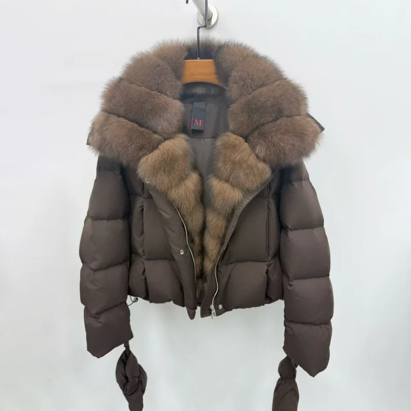 Winter High-Quality Womens Fox Fur Collar Hooded down Jacket Y2K Fashion Casual Thick Warm Goose down Coat with Gloves 251110