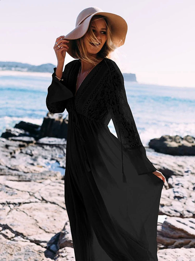 OIINAA Deep Vneck Bikini Top Womens Beach Splicing Lace Long Sleeve Summer Fashion Wear 250408