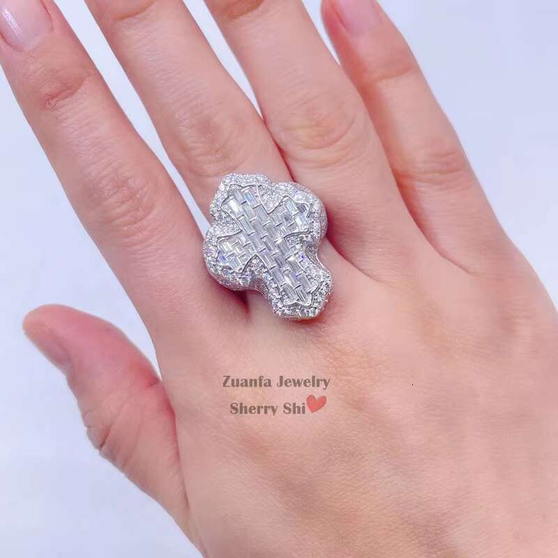 Solid Silver Christian Religious Men Hip Hop Iced Out Moissanite Diamond Cross Finger Ring
