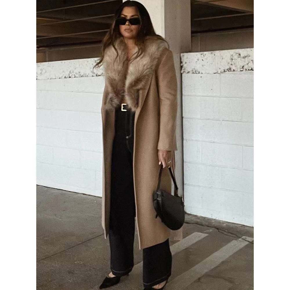 Elegant Fur Lapel Long Coat Women With Belt Woolen Full Sleeve Lace Up Loose Thicken Overcoat 2025 Spring Solid Pocket Outwear