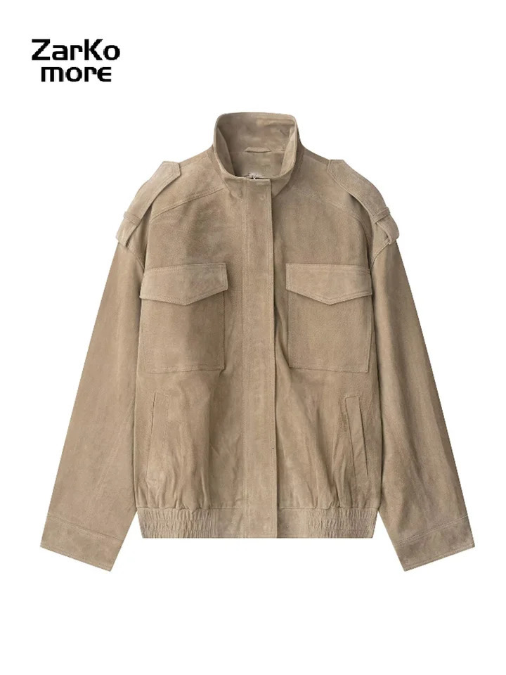 Fashion Loose Khaki Suede Jacket Women Lapel Zipper Long Sleeve Pockets Coat Female Spring Autumn Vintage High Street Tops 251106