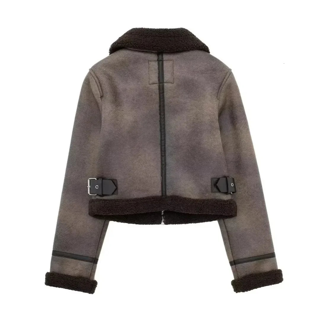 Winter Style Washed Loose Short Motorcycle Jacket Womens Fur Leather Zipper Collar Coat Casual Fashion Outerwear 251105