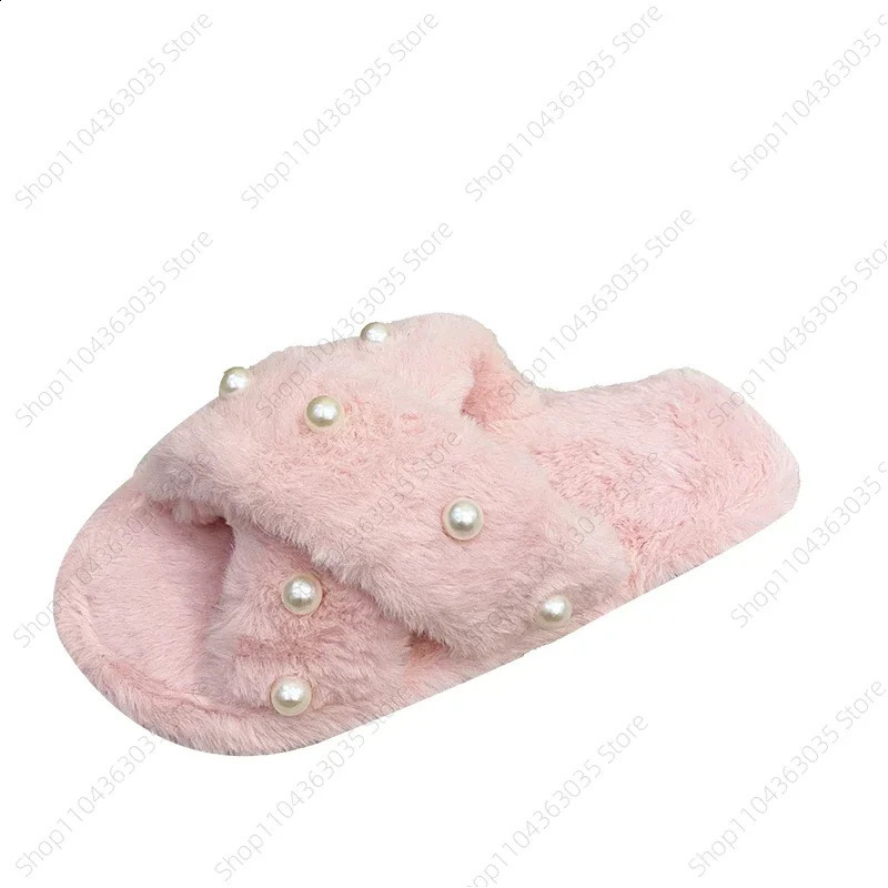 Autumn Winter Home Sliding Block Thick Bottom Cross Plush Cotton Trawl Red Pearl Fluffy Sliding Block Womens Dress 250408