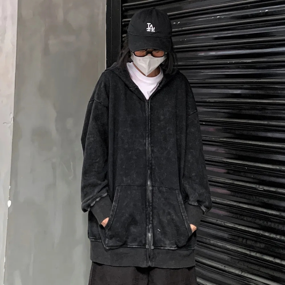 Wash Zip Up Hoodie Harajuku Retro Gothic Graphic Soild Color Jacket Sweatshirt High Quality Cotton Men Women Clothing 251110