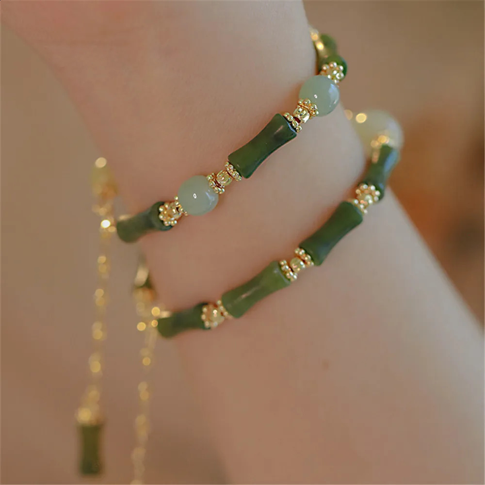 Natural Olive Jade Bamboo shaped Beads Adjustable Bracelet Fashion Exquisite an Jade Jewelry Versatile Girl Gift 250409