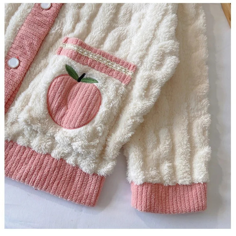 Thickened Warm Sleepwear Pink Peach Coral Velvet Women Homewear Suit Autumn and Winter Ladies Cardigan Two-Piece Set Nightwear 251106