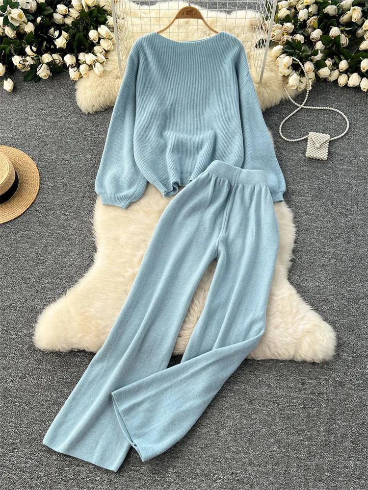 SINGREINY 2025 Winter Thick Women Suits Loose Sweater TopsHigh Waist Wide Legs Long Pants Autumn Solid Causal Warm 2 Piece Sets 251105