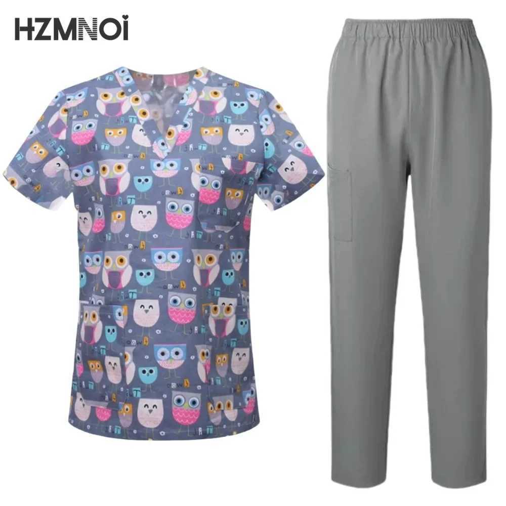 Surgical Uniforms Woman Printing Blouse Pockets Pants Medical Scrub Set Beauty Sn Workwear Clinical Scrubs Top+Pants Spa Suit X250410