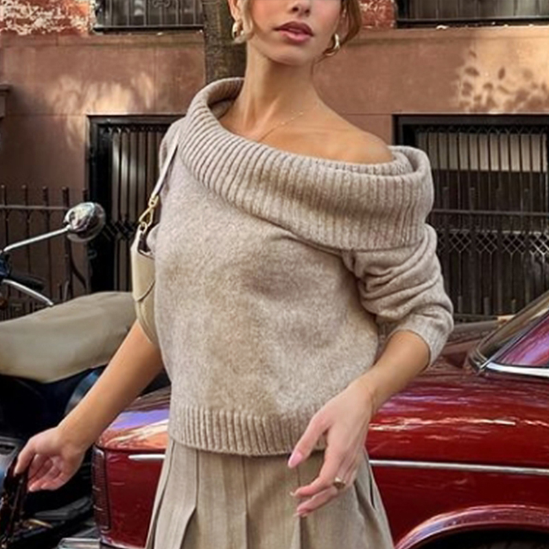 Women's solid-color tops, one-shoulder long-sleeved sweaters, fashionable and popular sweaters, romantic and casual,women's outwear tops---T