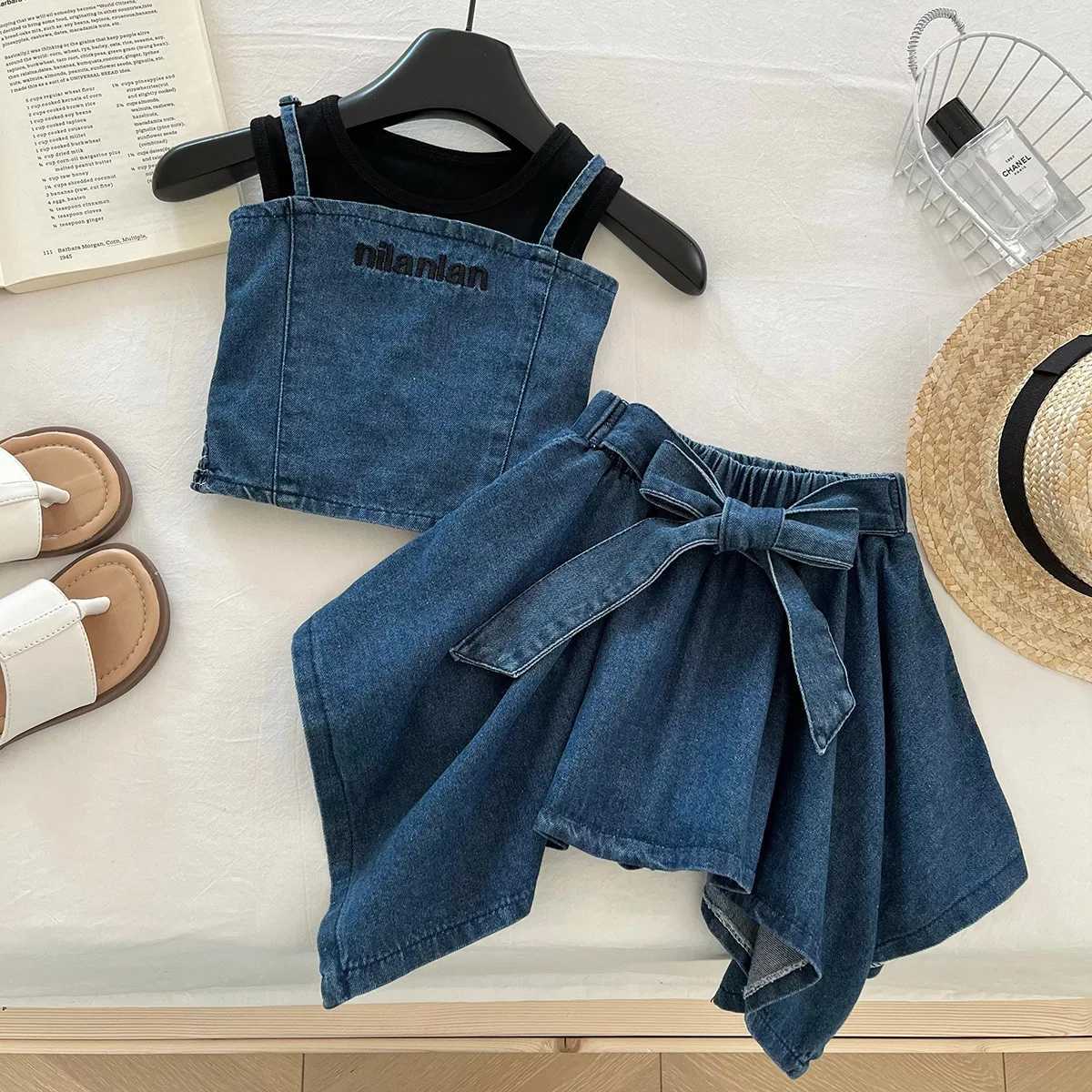 Childrens clothing set Alphabet embroidered denim camisole+sleeveless vest+skiing 3-piece set for childrens girls clothing 2 to 8 years oldXJ250410