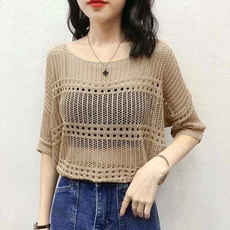 2025 Elegant Casual Solid Color Sweater Oneck Short Sleeve Knitted Summer Sweet Crop Top Sexy Hollow Shirt and 250407