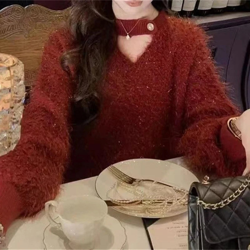 Christmas Style Hollow Fluffy Sweaters Women Hairy Long Sleeve Knitwear Woman Loose Knitting Sweater Female 251106