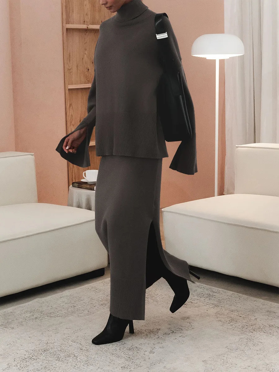 Bornladies Winter Thick Womens Knitted Skirt Suits Soft 2 Pieces Sets Female Turtleneck Sweater Wide Skirt Knitted Outfit 251105