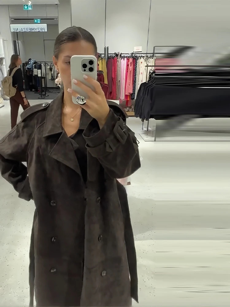 Suede Vintage Belts Long Jacket Women Double Breasted Loose Turn-down Collar Long Sleeve Autumn Coat Street Female Outwear 251106