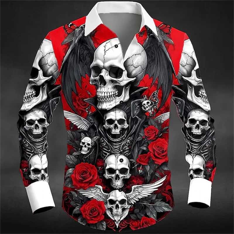 Christmas Mens Skull Button Shirt Long Sleeve Dark Punk Gothic Style Outdoor Holiday Spring Autumn Lapel Shirt Black K251110