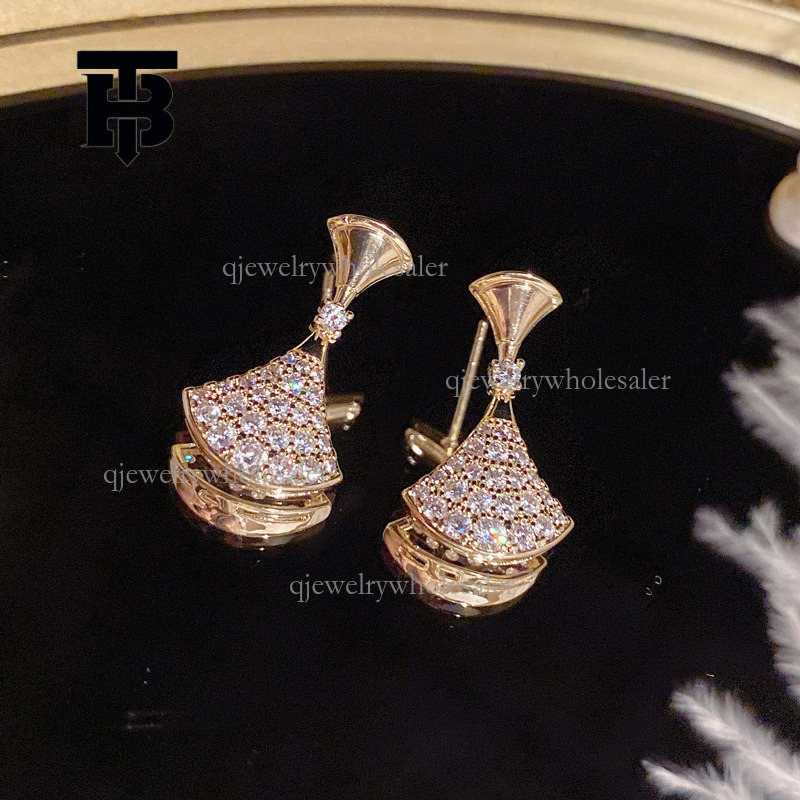 TB BHULAMTE Designer Full Diamond Fan-shaped Earrings S925 Silver Needle Luxurious Elegant Temperament Small Skirt Earrings Exquisite Shiny Women'