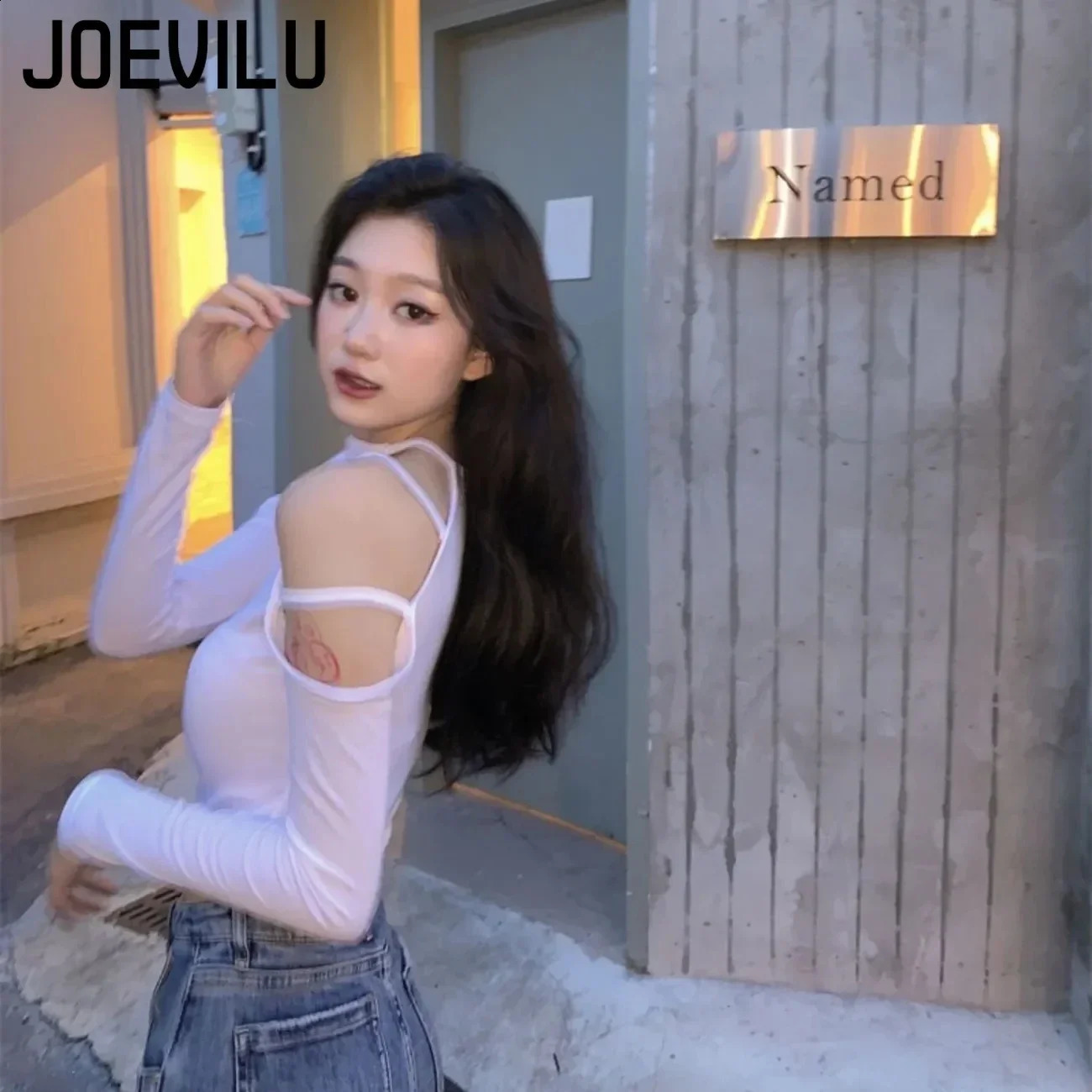 JOEVILU Hollow Top Shoulder Sexy Long Sleeve Tshirt Womens Korean Harajuku High Waist Tight Bottom Shirt 250407