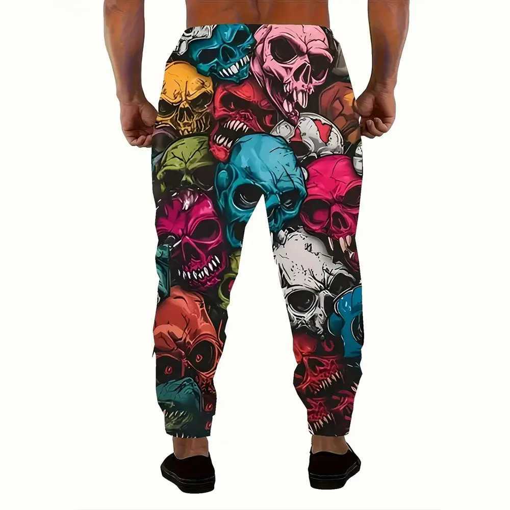 Mens loose pocket drawstring sports sweater winter new item thick and warm mens sports pants fashionable color skull print sports pantsXJ250410
