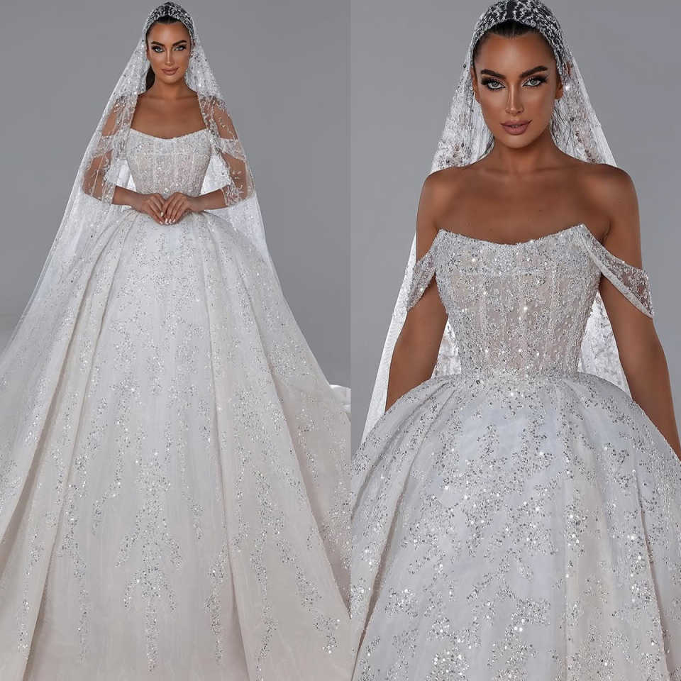 Elegant Ball Gown Wedding Dress Off Shoulder Sleeveless Bridal Gowns Sequins Lace Sweep Train Dresses Custom Made vestidos de novia