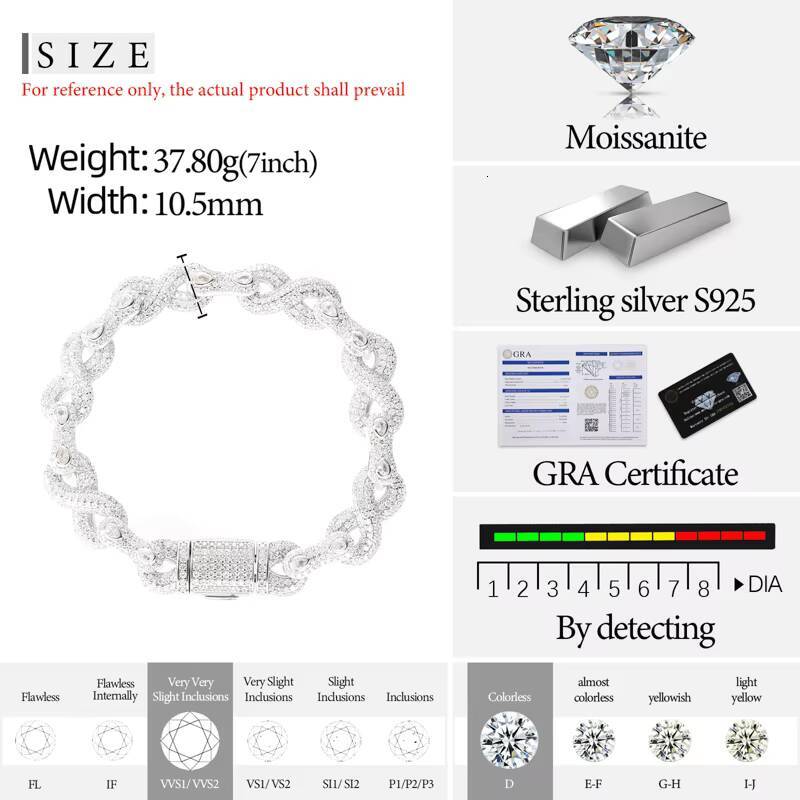 Original Design Hip Hop Jewelry 105mm 925 Sterling Silver VVS Moissanite Halo Infinity Cuban Link Chain Bracelet for Men