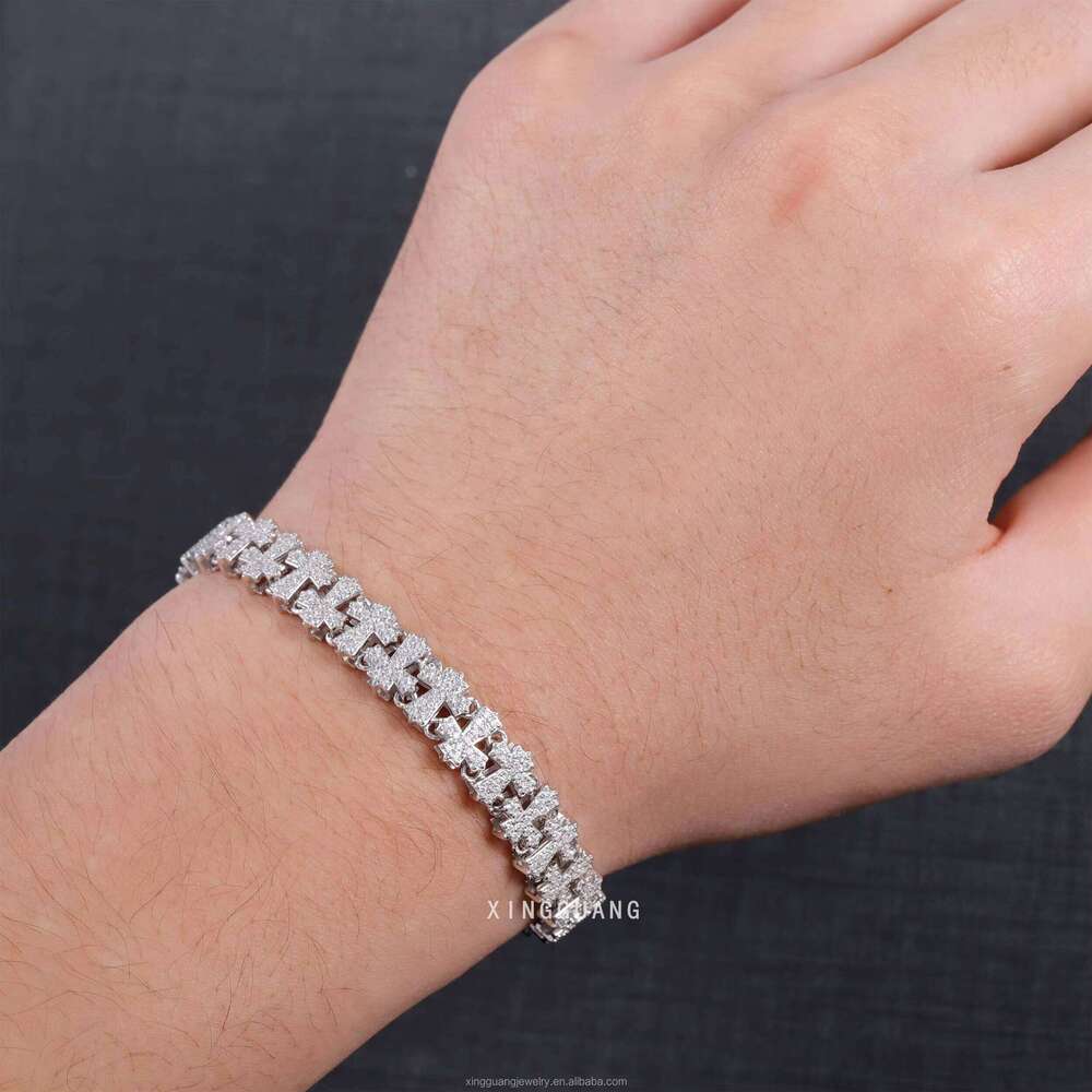Tested 14mm White Gold Plated Cross VVS Silicon Stone Sier Cuban Chain Bracelet Fashion Jewelry