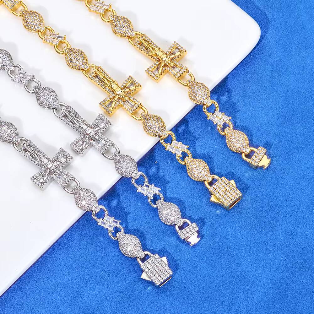 NUOYA 925 Silver Baguette VVS Moissanite Iced Out Hip Hop Necklace Infinity Cross Jesus Cuban Link Chain Fine Jewelry