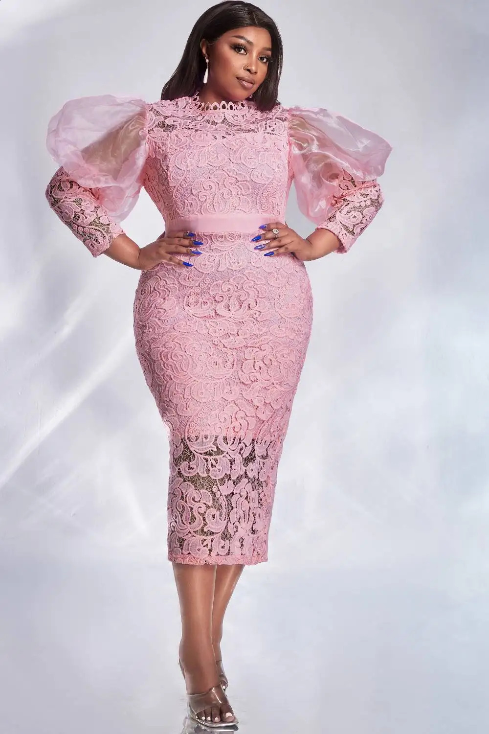 Womens plus size formal dress with pink lace puff sleeves looking through the Midi elegant and sweet wedding guest cocktail tight 250401