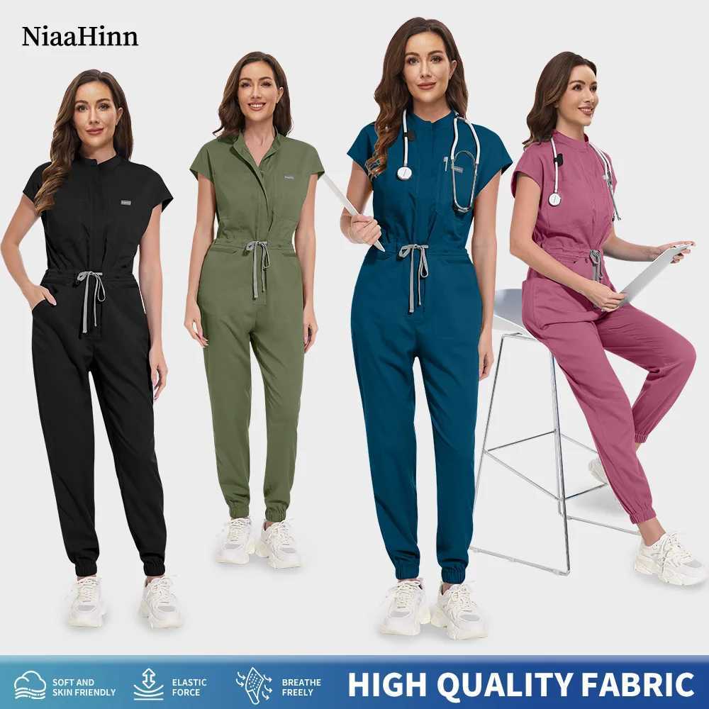 Niaahinn Zipper Neck Laboratory Hoodie Pet Beauty Nurse Uniform Onesie Short Slved Scrubs Work Clothes Health Care Clothes X250410