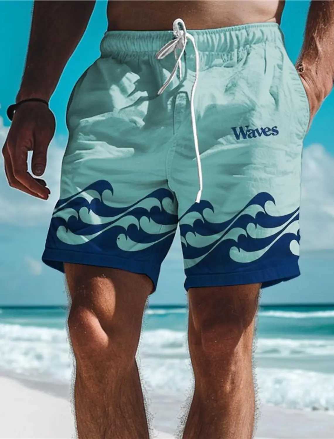 Waves Mens Resort 3D Printed Board Shorts Swimming Rod Elastic Waist Pull Rod Hawaiian Beach Style Letter Design ShortsW250410
