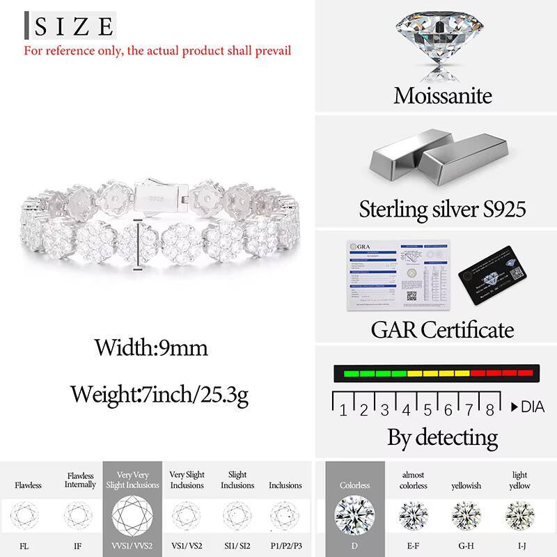 New Arrival Fashion 9mm 925 Sterling Silver Diamond Cluster Flower Design Iced Out Vvs Moissanite Tennis Bracelet