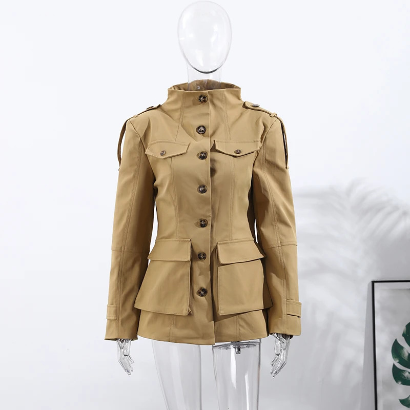 Strap Flap Pocketed Stand Collar Jacket Tailored Fit Buttoned 2025 Autumn Edgy Chic Women Outerwear Fashion Elegant Lady Coat 251105
