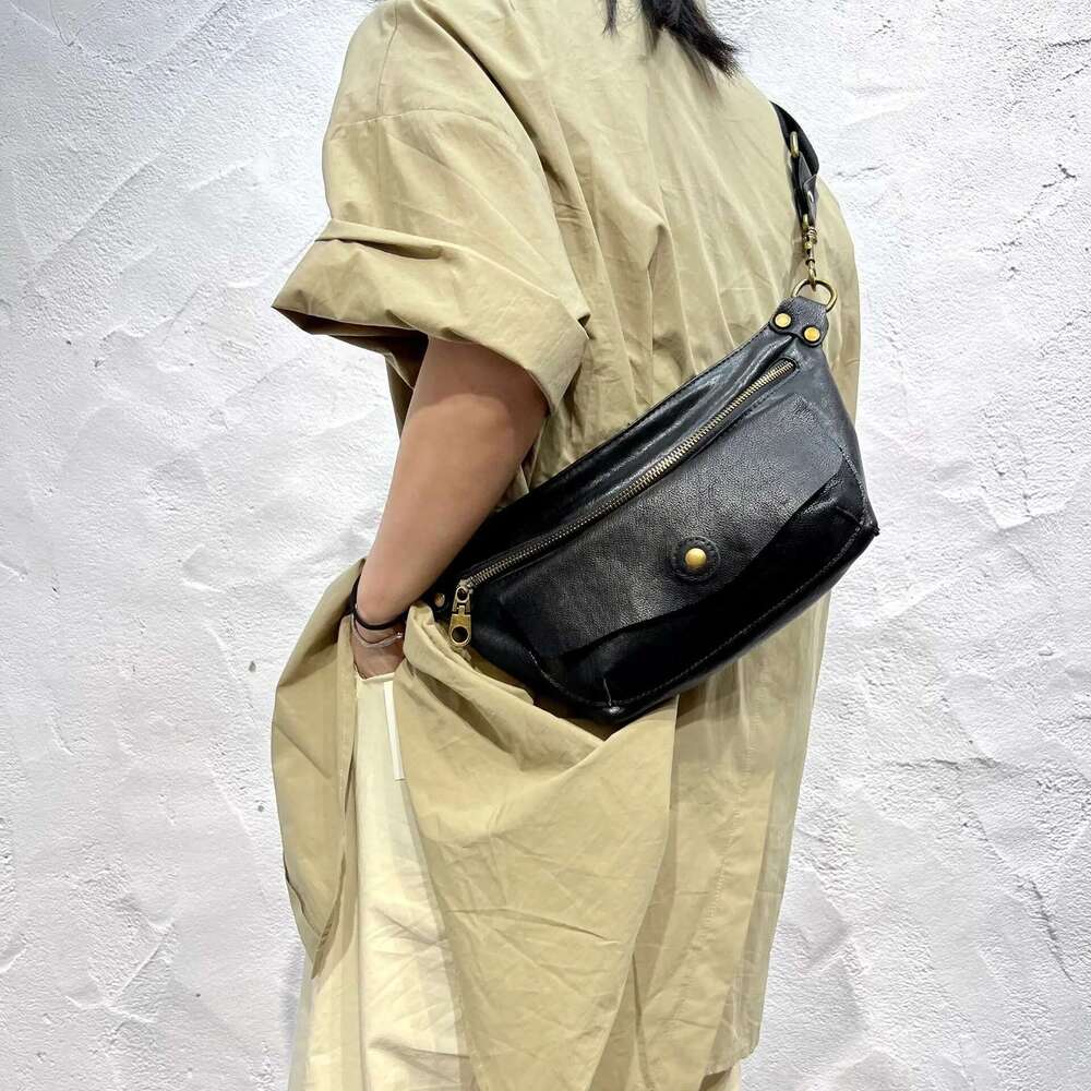 Handmade Genuine Leather Women's Plant-Tanned Top Layer Cowhide Chest Bag, Ladies Personalized Trend Shoulder Crossbody Bag