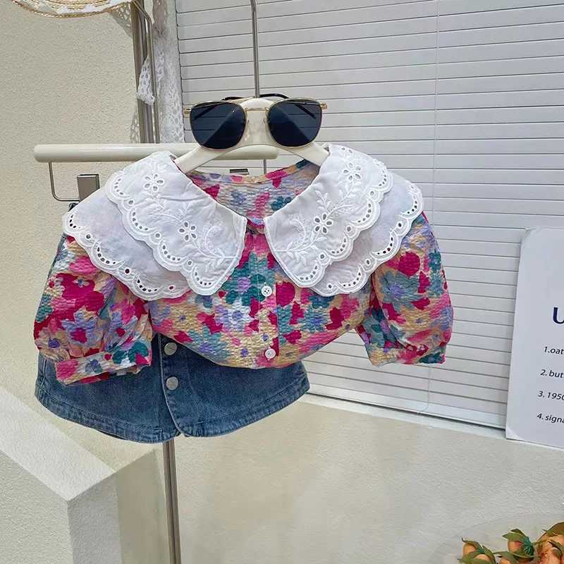 Childrens girl flower collar short sleeved shirt top+denim Culottes 2-piece set 2023 new childrens summer clothing setXJ250410