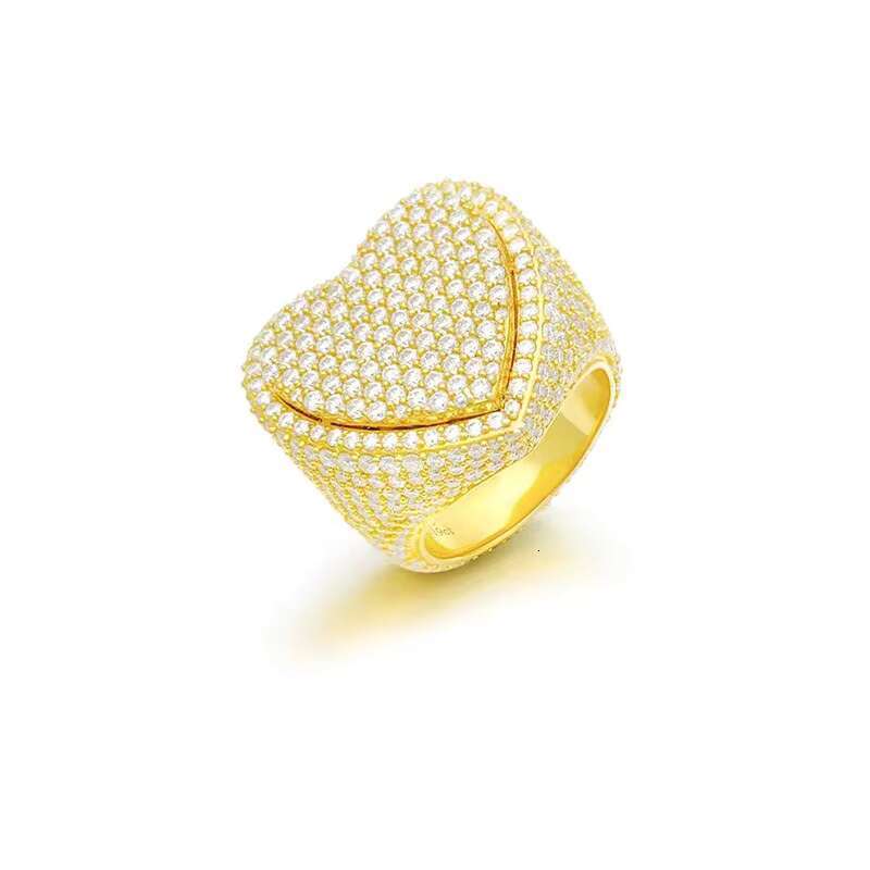 Hip Hop Gold Plated Jewelry Iced Out Diamonds Small Round Moissanite Heart Ring for Men
