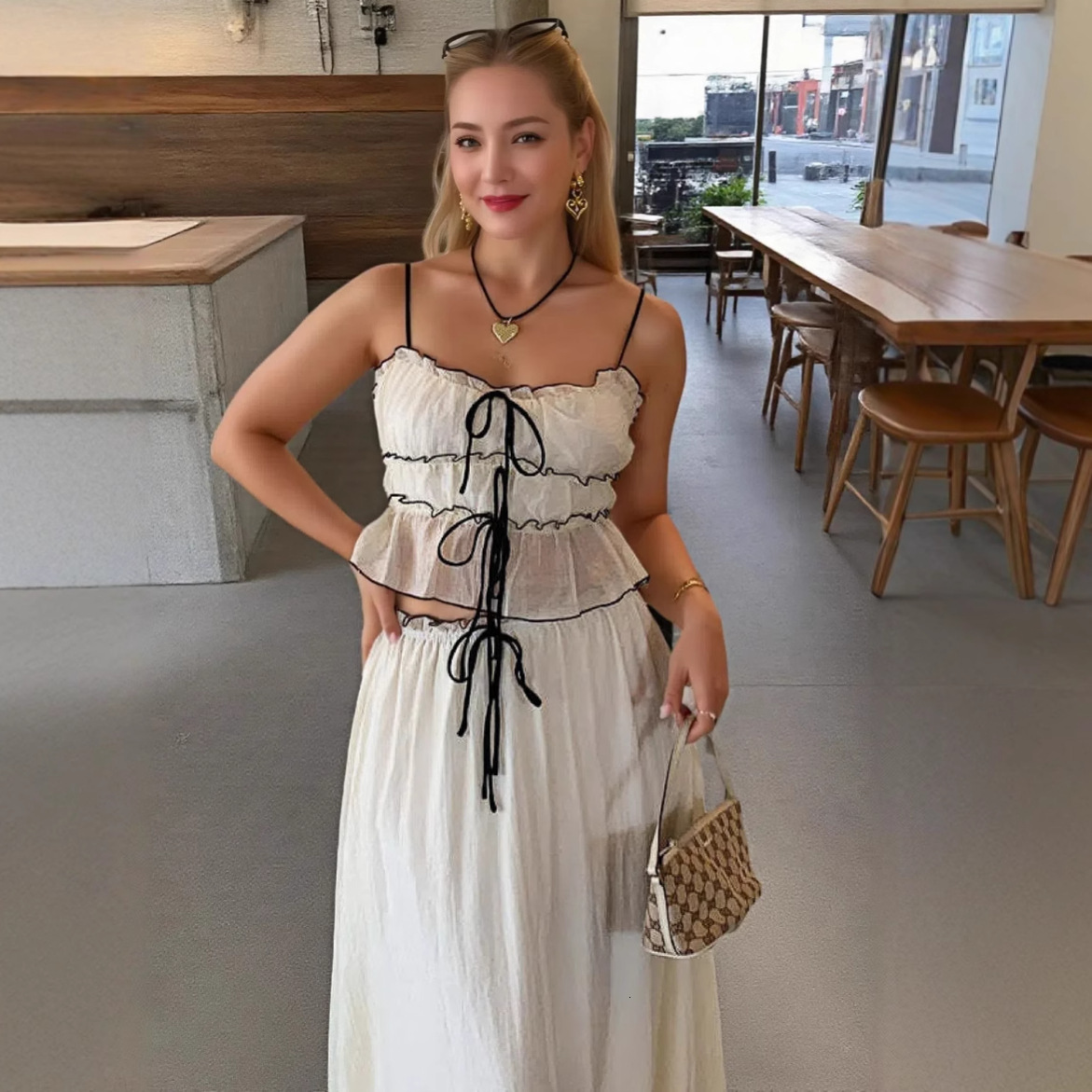 New women's clothing 2025 summer suspender bow sweet top pleated fairy half skirt set