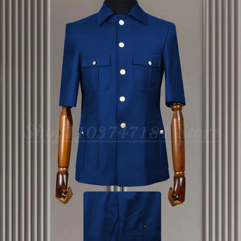 Summer Men Suits Blazer Elegant Short Sleeve Stand Lapel Single Breasted Slim Fit Clothing Formal Wedding 2 Piece Jacket Pants 251107