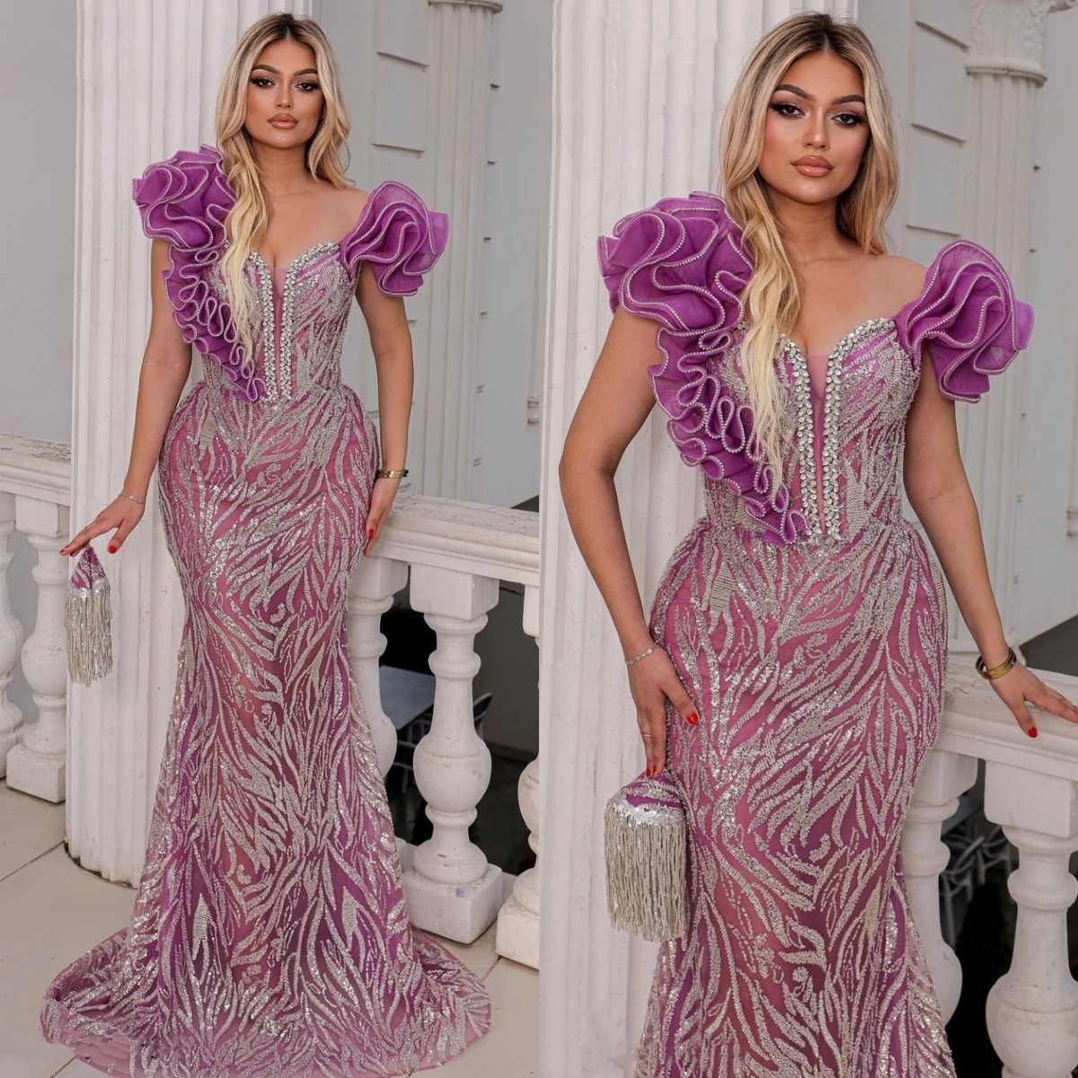 Sparkly Mermaid Evening Dresses Sequins Crystal Prom Gowns See Through V Neck Customized Slim Sweep Illusion Train Formal Occasion Party Dress Vestido