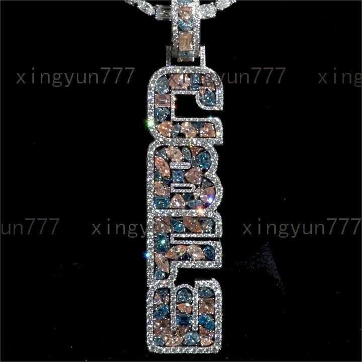 Factory wholesale Custom Pendant 925 Sterling Silver Colorful Vertical Iced Out Pendant Hiphop Moissanite Letter Pendant