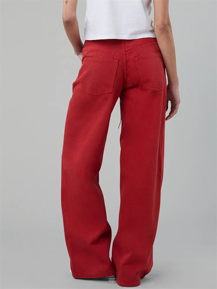 CHRONSTYLE Women Drawstring Jeans Loose Solid Color Low Waist Straight Leg Denim Pants Casual Long Trousers Out Going 251130