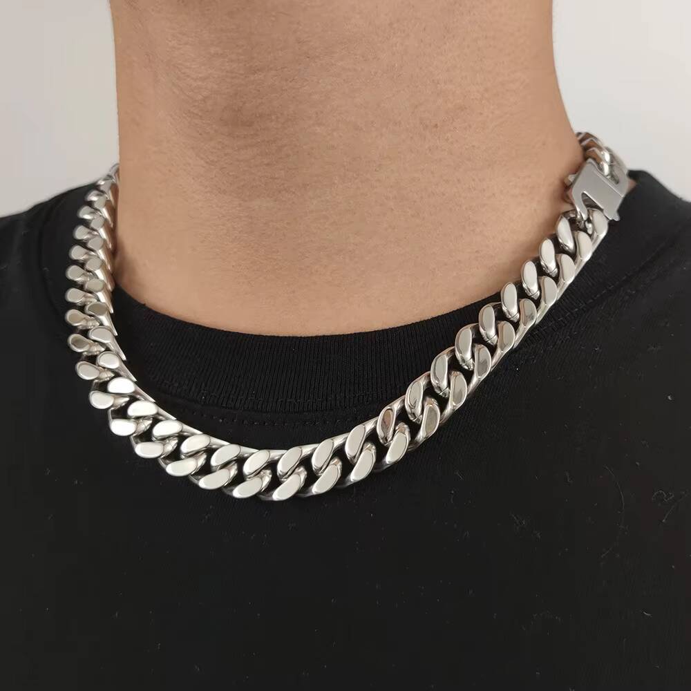 NUOYA Hip Hop Silver Cuban Curb Link Mens Miami High Polishing Stainless Steel Encrypted Chain Necklace Cuban Link Chain